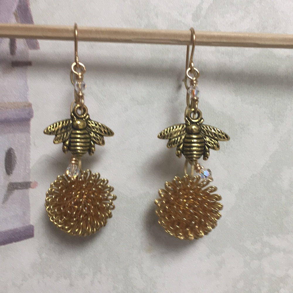 Upcycled bee gold tone earrings long dangle